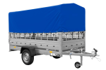 Autotransportanhänger auf Blattfedern 264×125 UNITRAILER GARDEN 264/R KIPP mit Gitterwänden, H-800 Rahmen und blauer Plane-Neu