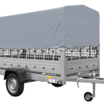 Autotransportanhänger auf Blattfedern 264×125 UNITRAILER GARDEN 264/R KIPP mit Gitterwänden, H-800 Rahmen und grauer Plane-Neu