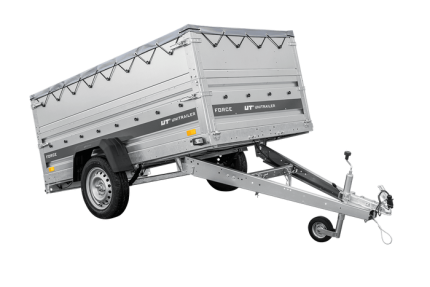 Autotransportanhänger auf Federn 230×125 UNITRAILER FORCE 230/R KIPP mit BIS-Seitenwänden, H-0-Rahmen und grauer Plane-Neu