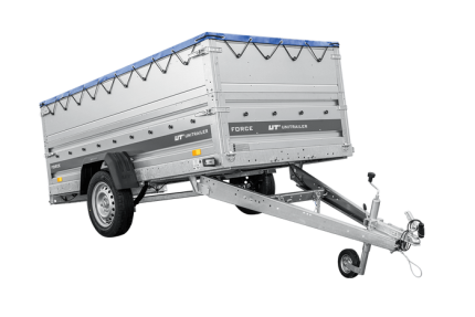 Einachsiger Anhänger auf Blattfedern 264×125 UNITRAILER FORCE 264/R KIPP mit BIS-Seitenwänden, H-0-Rahmen und blauer Plane-Neu