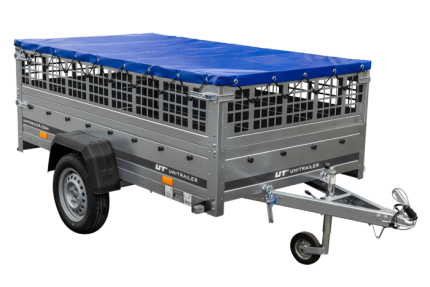 Einachsiger Anhänger auf Blattfedern 264×125 UNITRAILER GARDEN 264/R KIPP mit Gitterseitenwänden, H-0-Rahmen und blauer Plane-Neu