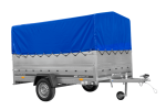 Einachsiger Anhänger auf Blattfedern 264×150 UNITRAILER GARDEN 265/R KIPP mit BIS-Seitenwänden, H-800-Rahmen und blauer Plane-Neu