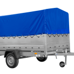 Einachsiger Anhänger auf Blattfedern 264×150 UNITRAILER GARDEN 265/R KIPP mit BIS-Seitenwänden, H-800-Rahmen und blauer Plane-Neu