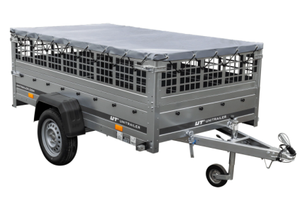 Leichter Anhänger auf Blattfedern 230×125 UNITRAILER GARDEN 230/R KIPP mit Gitterwänden, H-0-Rahmen und grauer Plane-Neu
