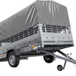 PKW-Anhänger 264×150 UNITRAILER GARDEN 265 KIPP mit Gitteraufsatz, Hochspriegel H-800 und grauer Plane-Neu